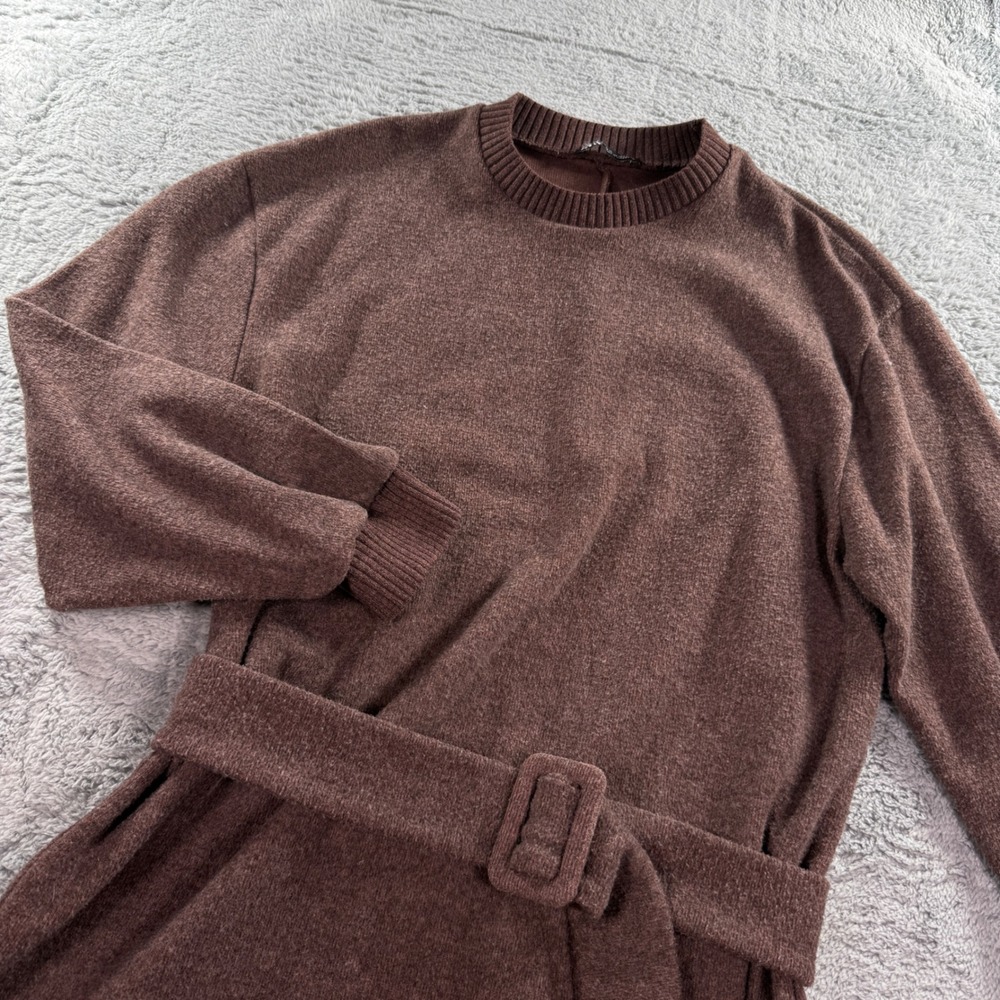 Zara Womens Brown Knit Belted Mini Dress Long Sleeve Crew Neck Size M